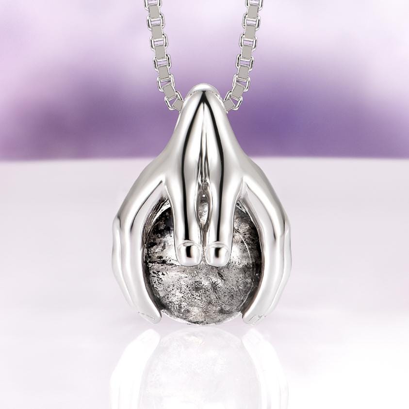 Salt And Pepper Diamond Necklace – Ethereal Hold Herkimer Diamond Pendant In 925 Sterling Silver, Rhodium Finish, Celestial Gift For Her