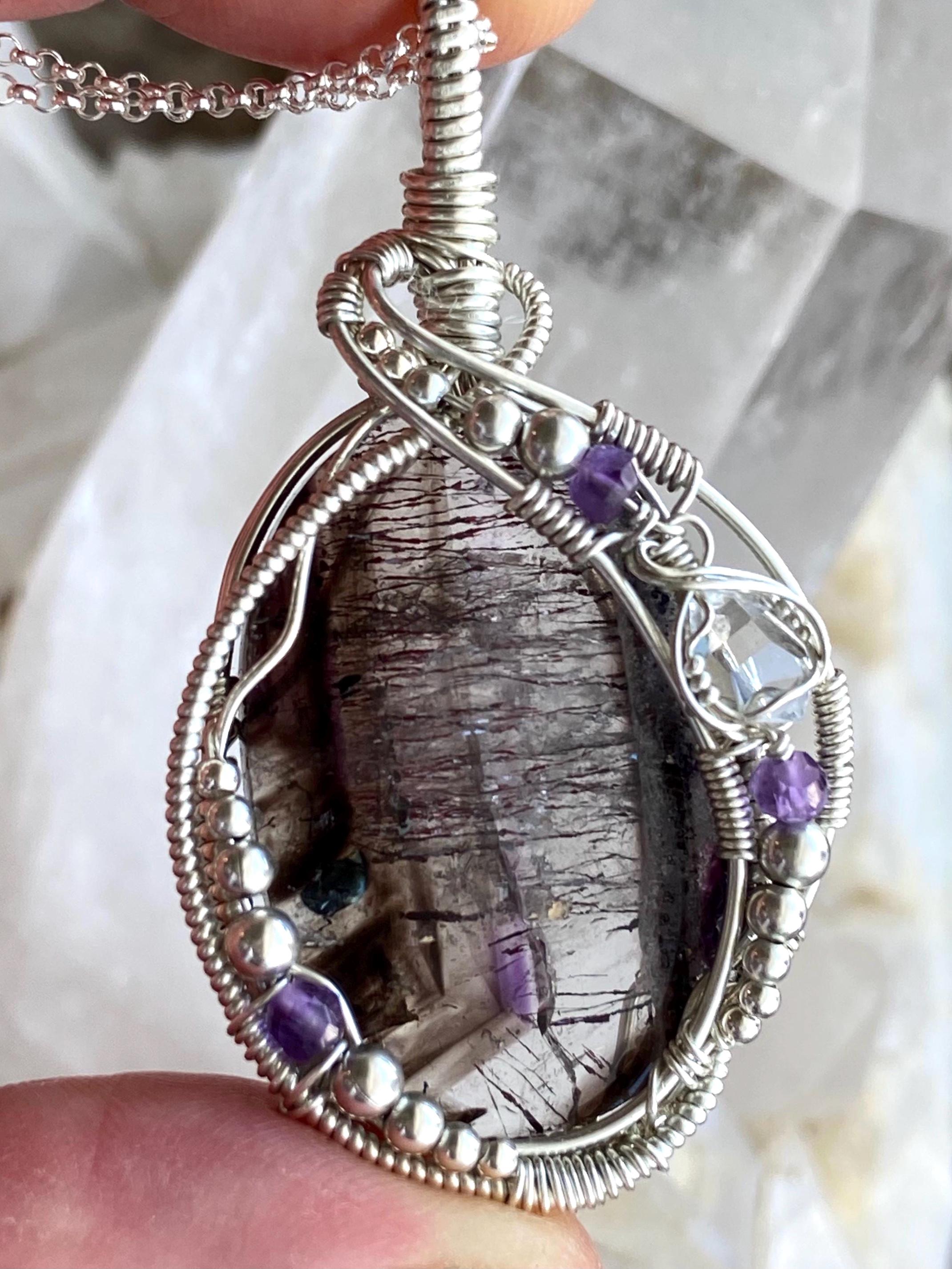 Super 7 Quartz & Herkimer Diamond Pendant: Sterling Silver Wire Wrap