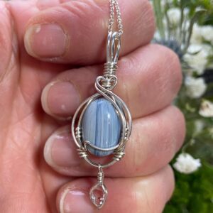 Swedish Blue Stone + Ny Herkimer Diamond Quartz Crystal Pendant: Sterling Silver Handmade Wire Wrap Swedish Blue Stone + Ny Herkimer Diamond Quartz Crystal Pendant: Sterling Silver Handmade Wire Wrap