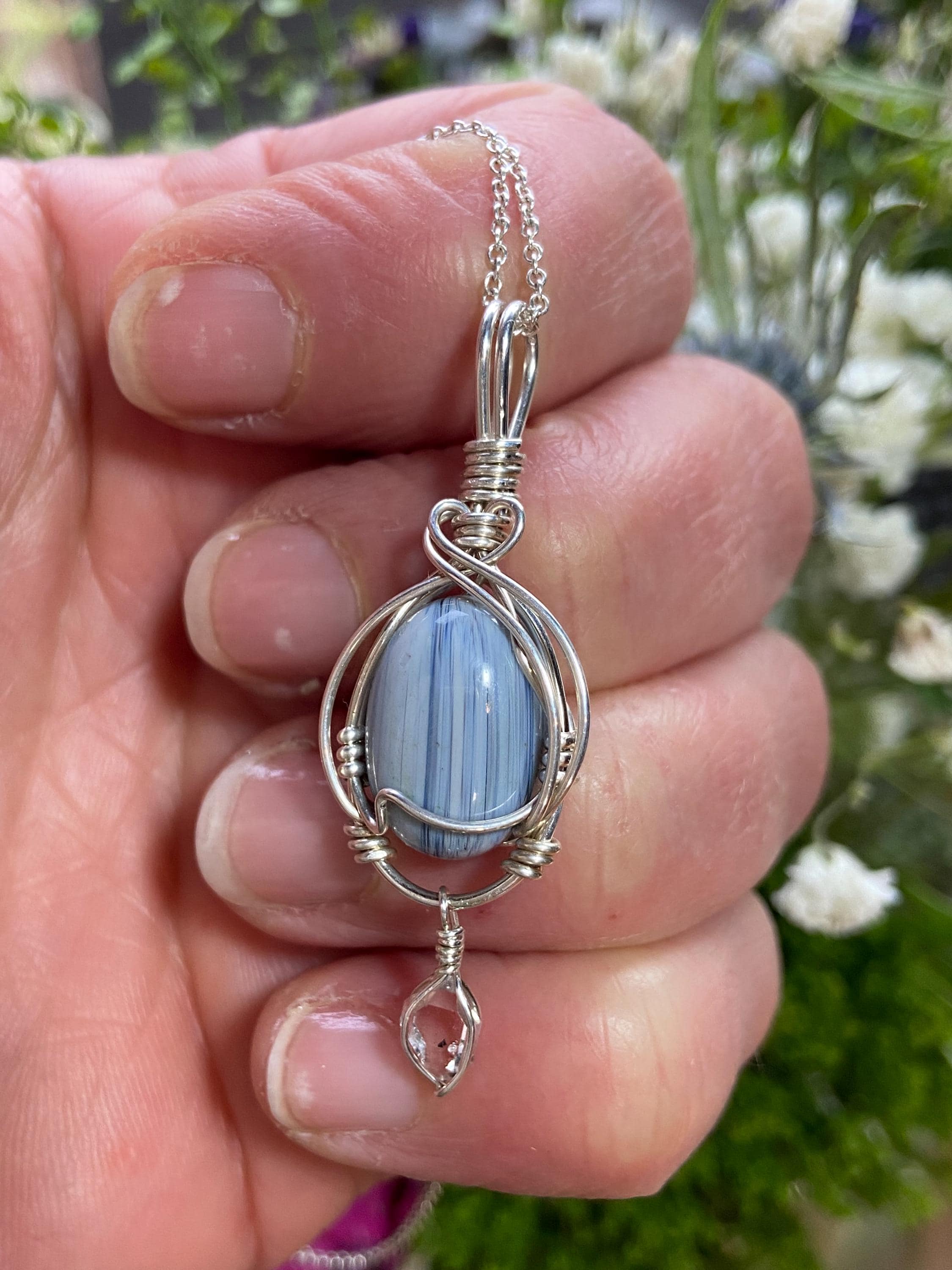 Swedish Blue Stone + Ny Herkimer Diamond Quartz Crystal Pendant: Sterling Silver Handmade Wire Wrap