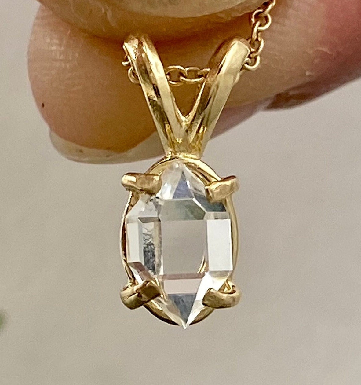 Water Clear Ny Herkimer Diamond Necklace 14k Gold Quartz Crystal Pendant Natural Double Terminated Aa+ Grade April Birthstone Necklace