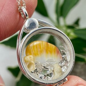 Sunrise Shell Floating Locket: Kauai Shells & Raw Ny Herkimer Diamond Quartz Crystals