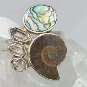 Fossil-Ammonite, Abalone and Herkimer Diamond Ring, Size 8 1/2