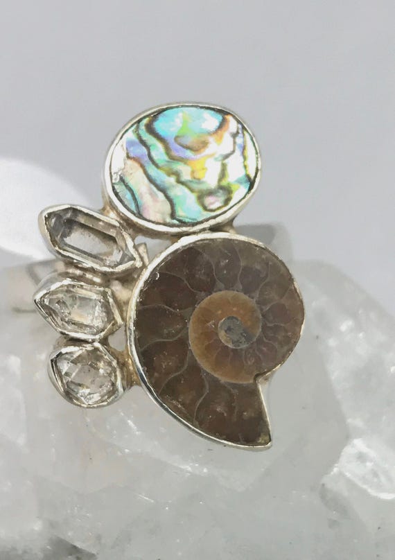 Fossil-ammonite, Abalone And Herkimer Diamond Ring, Size 8 1/2 Fossil-ammonite, Abalone And Herkimer Diamond Ring, Size 8 1/2