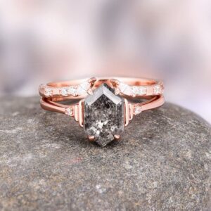 Galaxy Raw Salt & Pepper Diamond Ring For Women- Hexagon Herkimer Diamond Engagement Ring- Unique Bridal Promise Ring- 14K Rose Gold Vermeil Galaxy Raw Salt & Pepper Diamond Ring For Women- Hexagon Herkimer Diamond Engagement Ring- Unique Bridal Promise Ring- 14K Rose Gold Vermeil