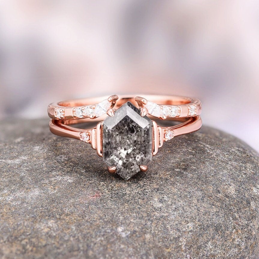 Hexagon Engagement Ring Set, Salt Pepper Herkimer Diamond Alternative, Rose Gold Bridal Set, Raw Diamond Hexagon Engagement Ring Set, Salt Pepper Herkimer Diamond Alternative, Rose Gold Bridal Set, Raw Diamond
