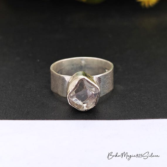 Handmade Herkimer Diamond Ring: Wide Band Sterling Silver