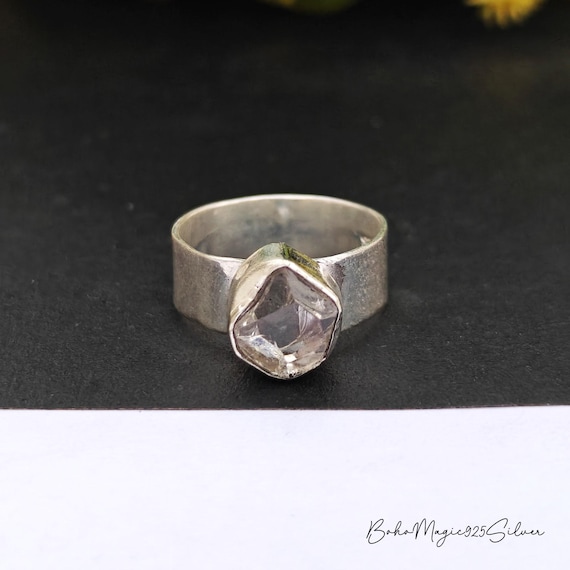 Handmade Herkimer Diamond Ring: Wide Band Sterling Silver Jewelry Handmade Herkimer Diamond Ring: Wide Band Sterling Silver Jewelry