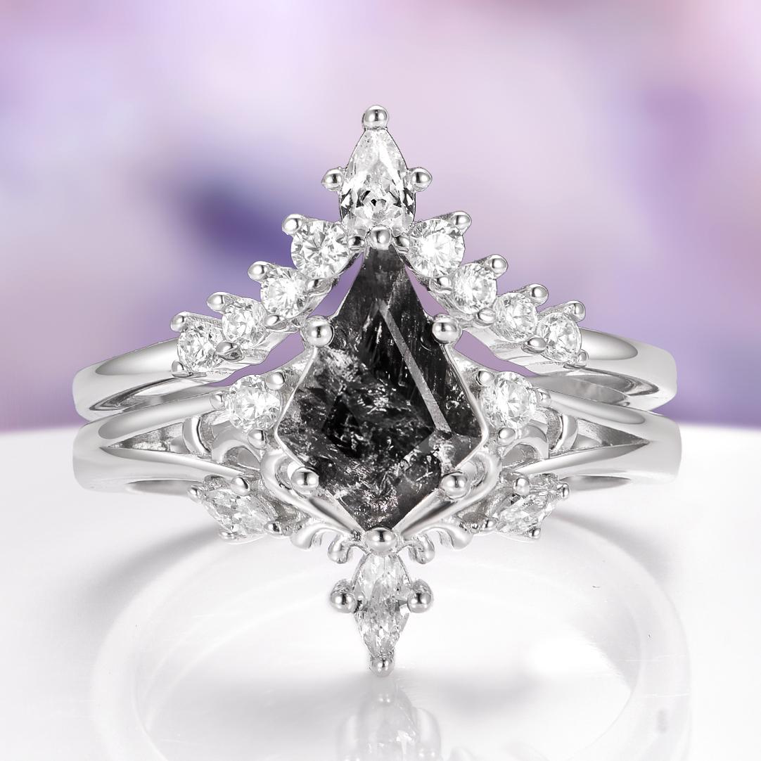 Kite Herkimer Diamond Engagement Ring, Geometric Salt & Pepper Diamond Look Ring, Castlecore Vintage Inspired Silver Ring