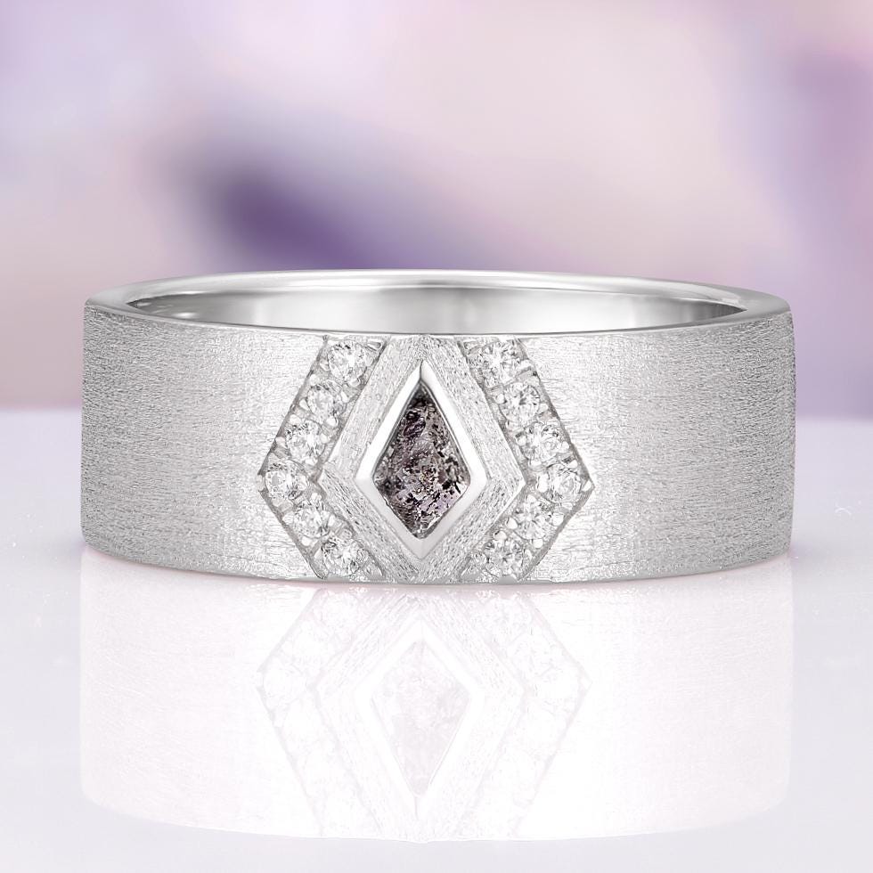 Men’s Silver Kite Salt And Pepper Diamond Ring – Brushed 925 Sterling Silver Band With Herkimer Diamond Center Modern Geometric Wedding Ring