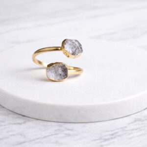 Herkimer Diamond Open Wrap Ring – Adjustable Gold Ring With Double Gemstones – April Birthstone Jewelry, Raw Crystal Jewelry Gift For Her