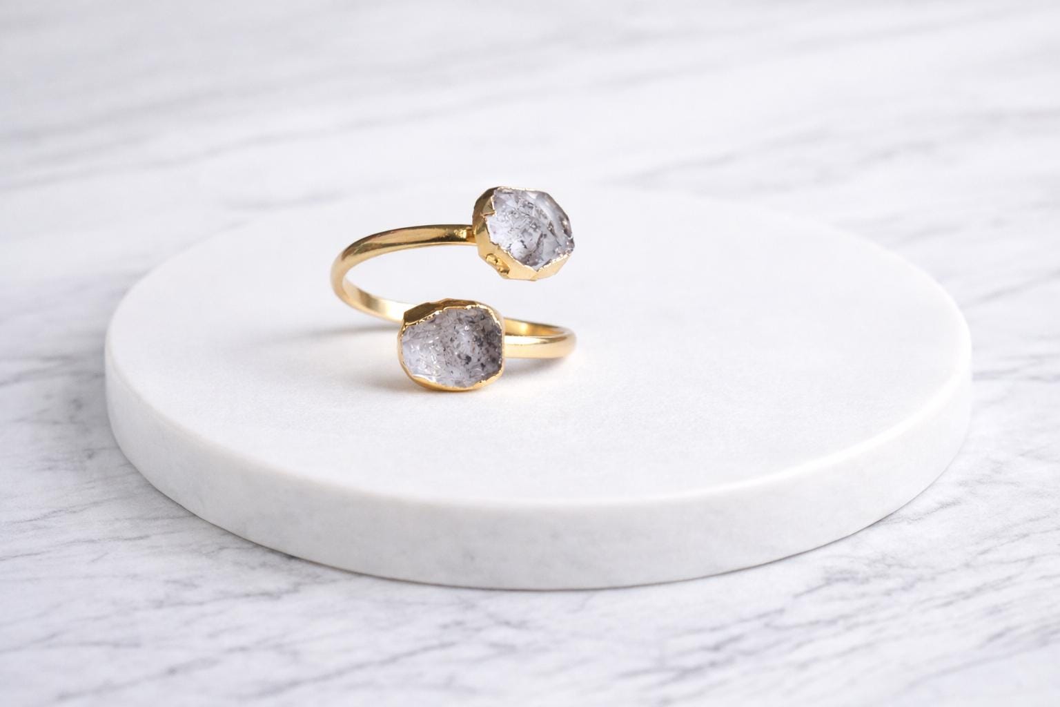 Herkimer Diamond Open Wrap Ring – Adjustable Gold Ring With Double Gemstones – April Birthstone Jewelry, Raw Crystal Jewelry Gift For Her Herkimer Diamond Open Wrap Ring – Adjustable Gold Ring With Double Gemstones – April Birthstone Jewelry, Raw Crystal Jewelry Gift For Her