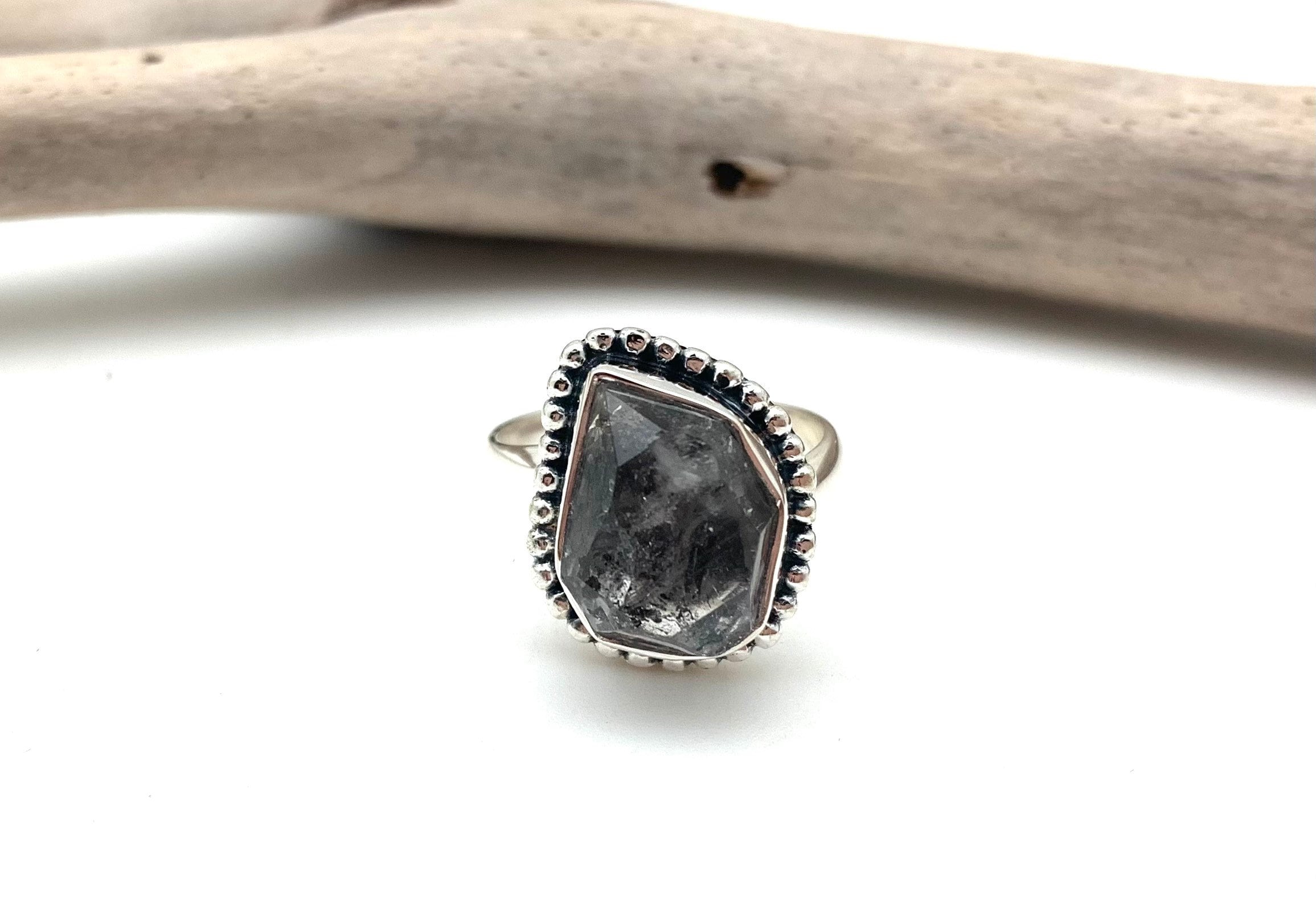 Herkimer Quartz Ring - Raw Stone, 925 Sterling Silver, Size 8