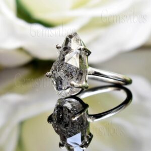 Raw Black Herkimer Diamond Ring, Solid Sterling Silver, April Birthstone