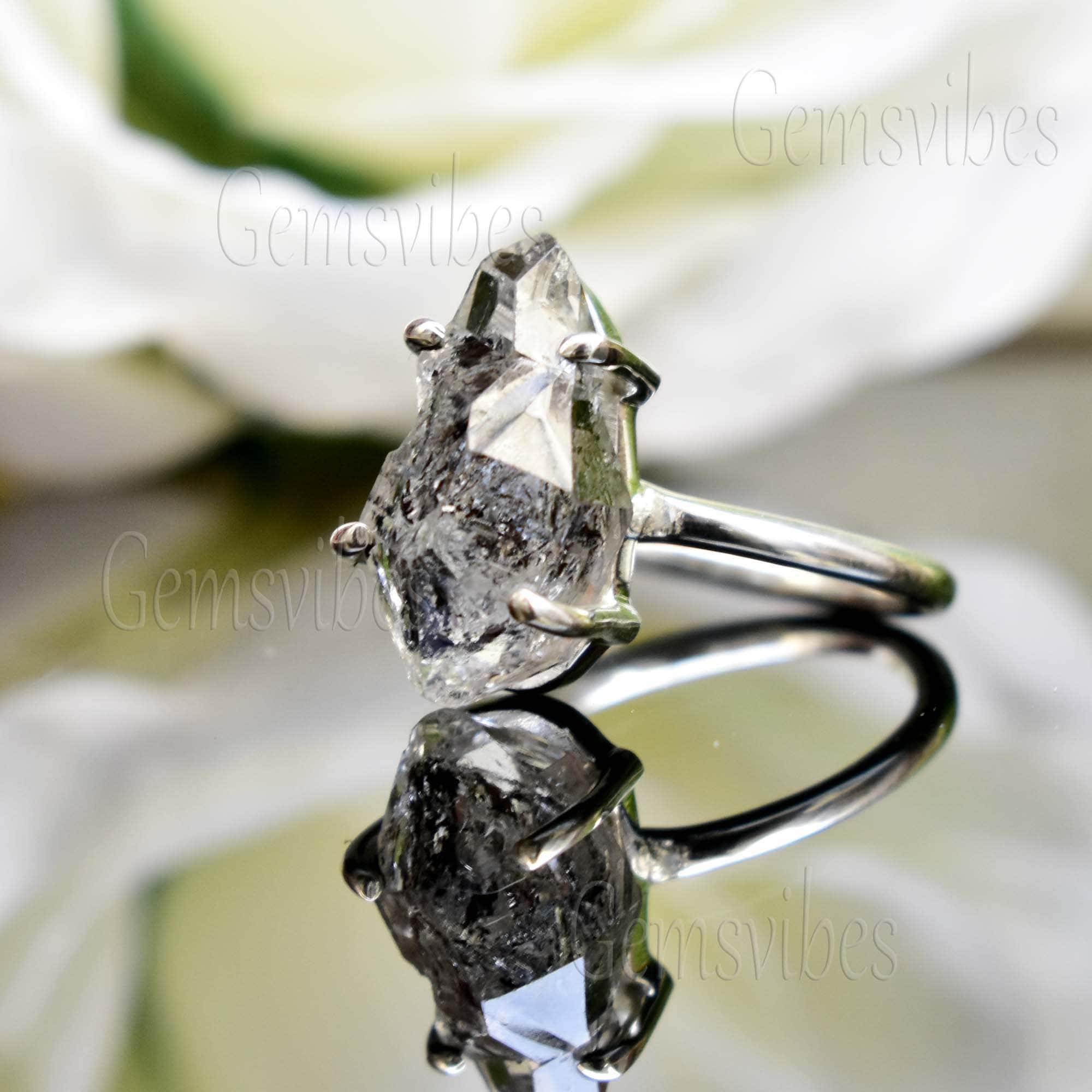 Raw Black Herkimer Diamond Ring, Solid Sterling Silver, April Birthstone