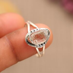 Raw Herkimer Diamond Ring: Sterling Silver Double Band, Handmade Boho Ring