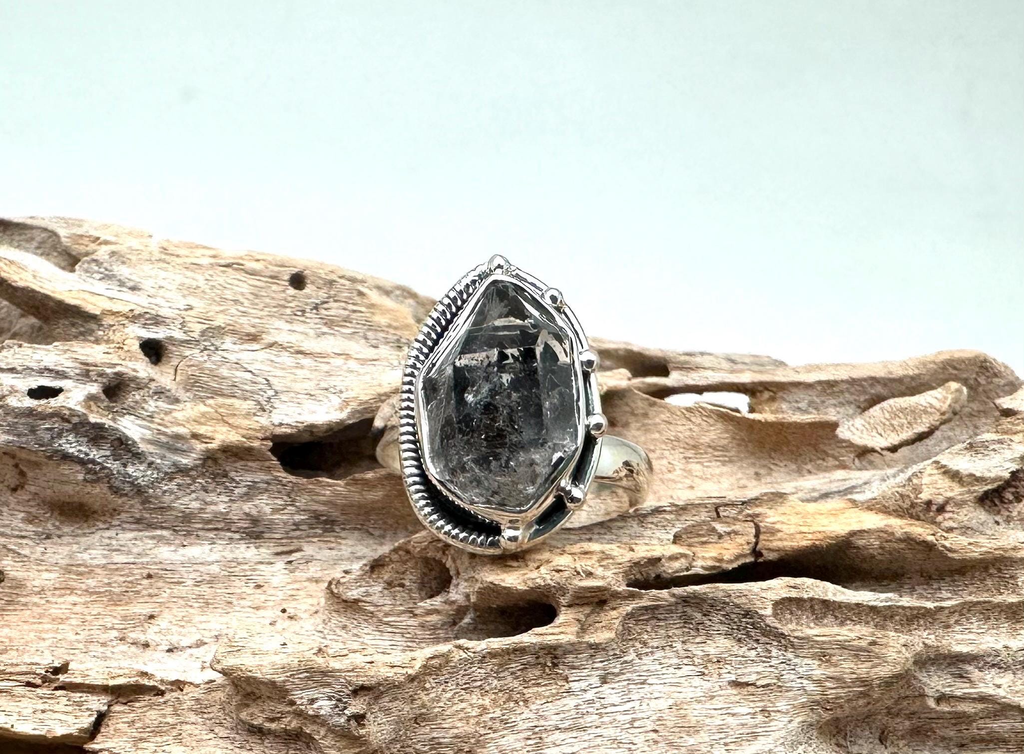 Herkimer Diamond Ring, Size 8-9, 925 Sterling Silver, Rough Quartz Herkimer Diamond Ring, Size 8-9, 925 Sterling Silver, Rough Quartz