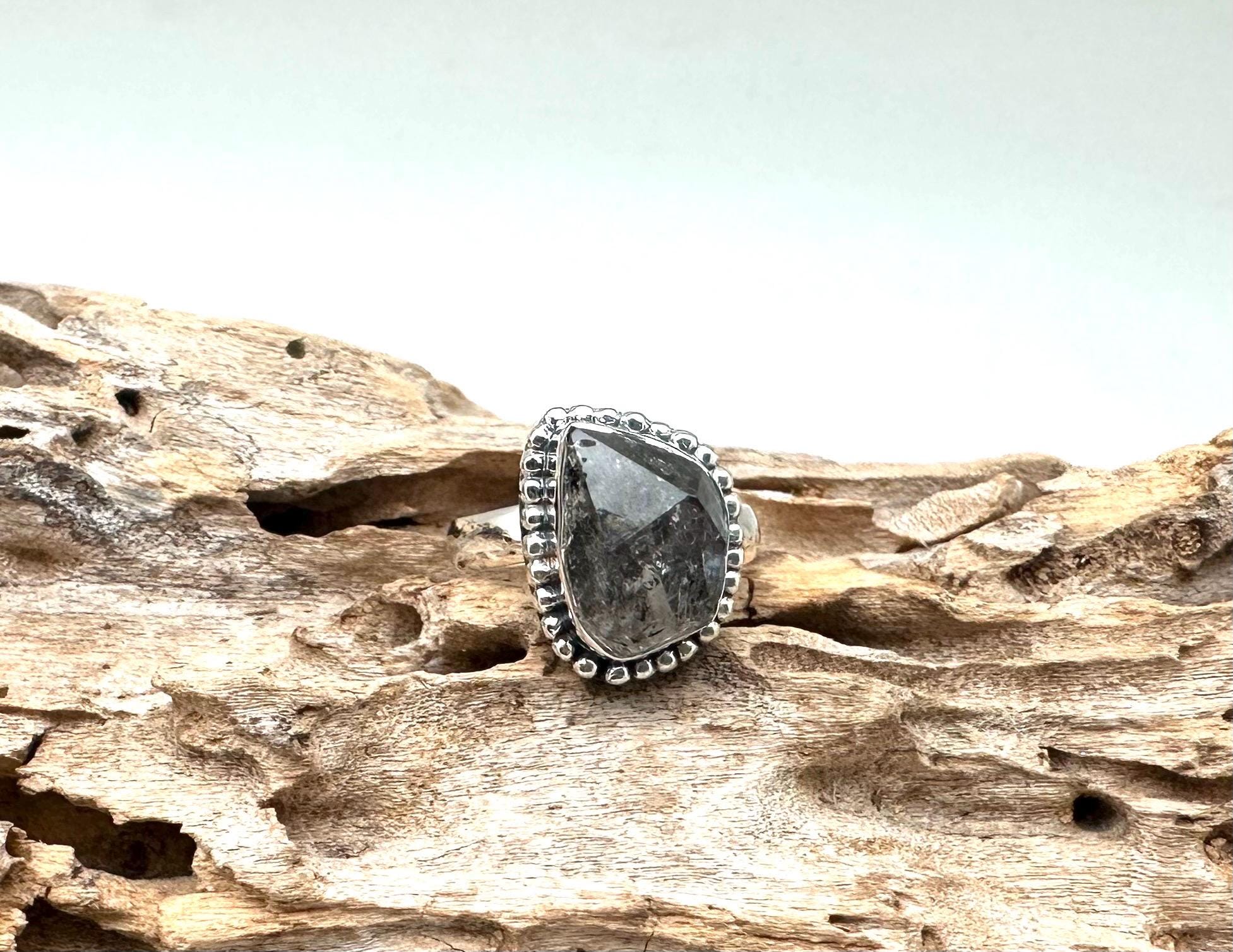 Herkimer Diamond Ring, Size 8, 925 Sterling Silver, Rough Quartz
