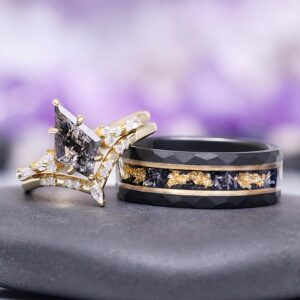 Skye Kite® Galaxy Herkimer Diamond & Meteorite Couples Ring Set- His and Hers Cosmic Yellow Gold Vermeil / Tungsten Matching Wedding Rings Skye Kite® Galaxy Herkimer Diamond & Meteorite Couples Ring Set- His and Hers Cosmic Yellow Gold Vermeil / Tungsten Matching Wedding Rings