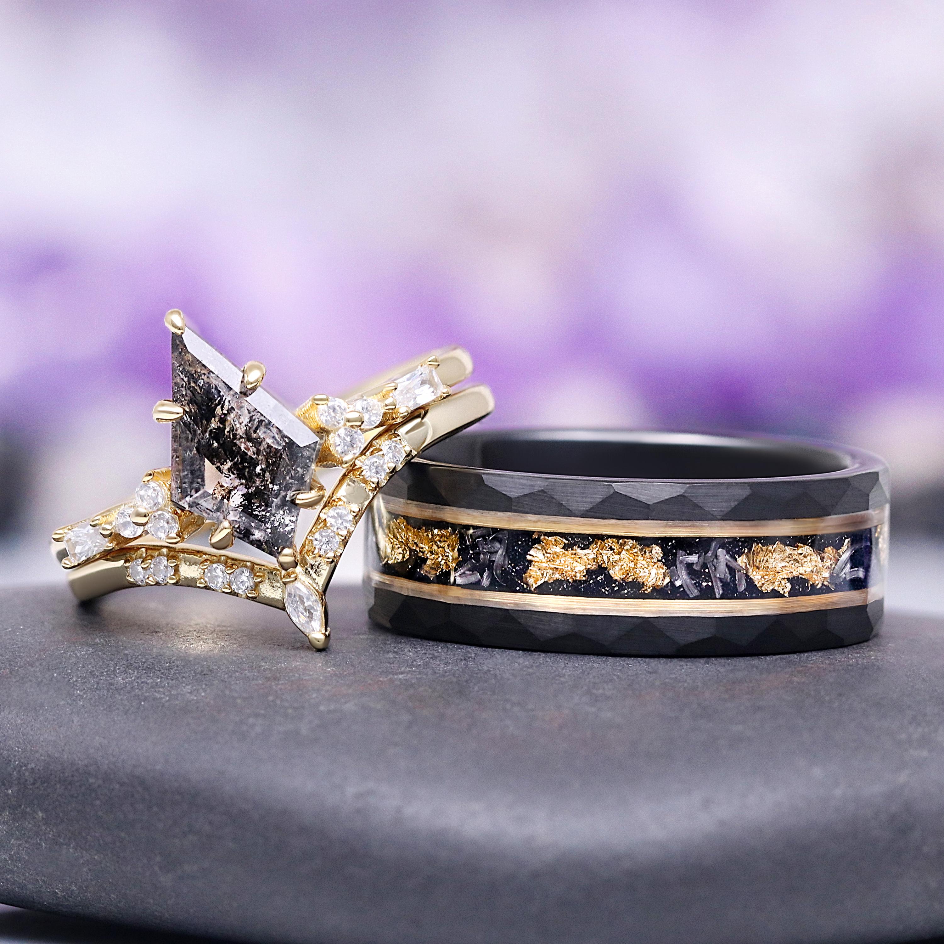 Skye Kite® Galaxy Herkimer Diamond & Meteorite Couples Ring Set- His And Hers Cosmic Yellow Gold Vermeil / Tungsten Matching Wedding Rings Skye Kite® Galaxy Herkimer Diamond & Meteorite Couples Ring Set- His And Hers Cosmic Yellow Gold Vermeil / Tungsten Matching Wedding Rings