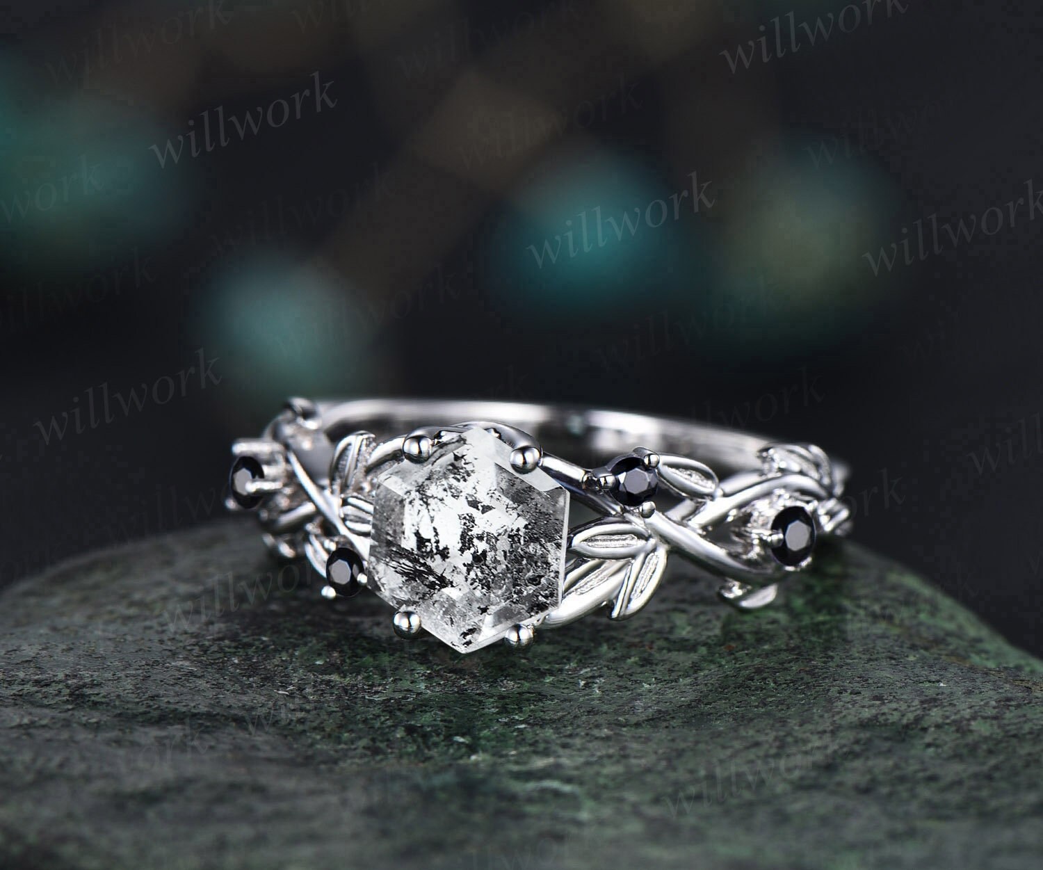 Vintage Natural Herkimer Diamond Engagement Ring Hexagon Cut White Gold Nature Inspired Black Diamond Ring Women Leaf Twisted Wedding Ring Vintage Natural Herkimer Diamond Engagement Ring Hexagon Cut White Gold Nature Inspired Black Diamond Ring Women Leaf Twisted Wedding Ring