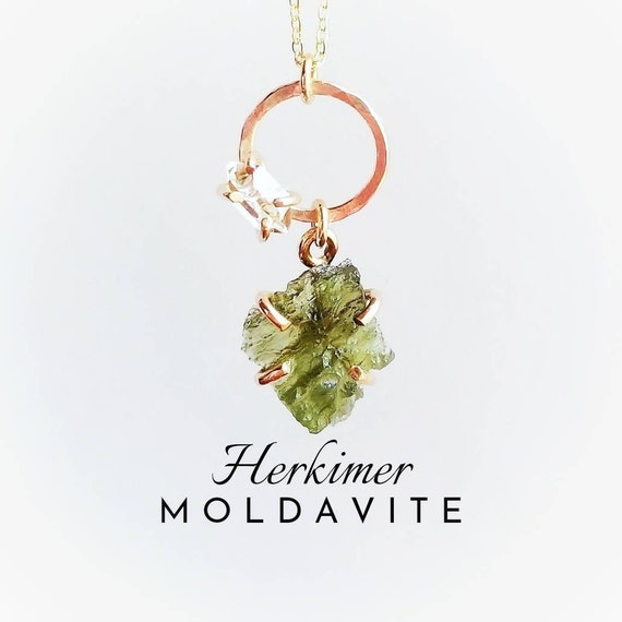Herkimer Moldavite Crystal Necklace | Raw Moldavite Necklace | Genuine Moldavite Pendant | 925 Sterling Silver Or 14k Gold Filled