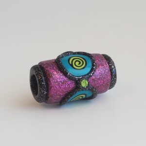 High intensity fuschia glitter polymer clay boho dreadlock bead with turquoise spiral millefiori disk / Bright boho dread bead with 9mm hole High intensity fuschia glitter polymer clay boho dreadlock bead with turquoise spiral millefiori disk / Bright boho dread bead with 9mm hole