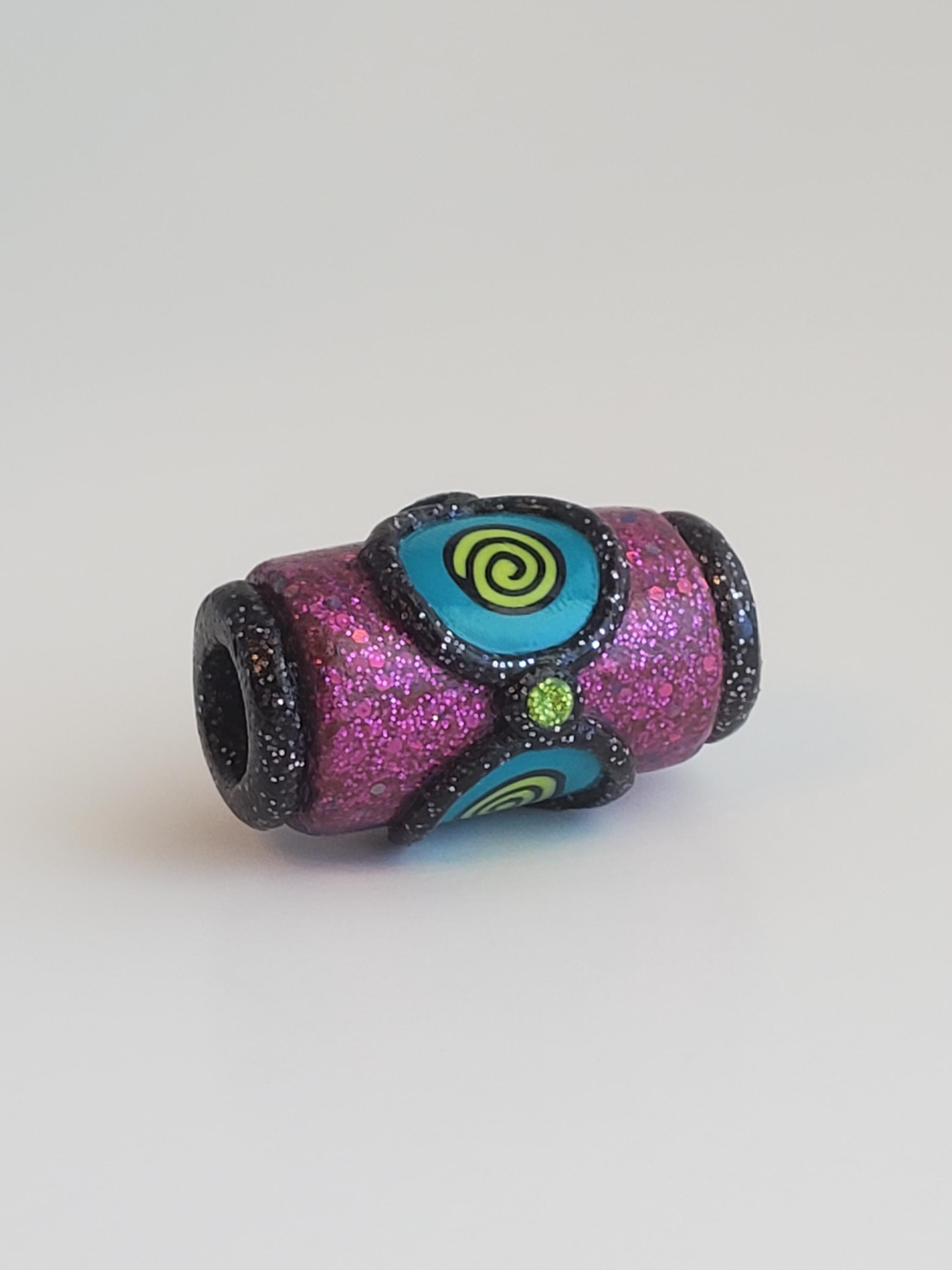 High Intensity Fuschia Glitter Polymer Clay Boho Dreadlock Bead With Turquoise Spiral Millefiori Disk / Bright Boho Dread Bead With 9mm Hole