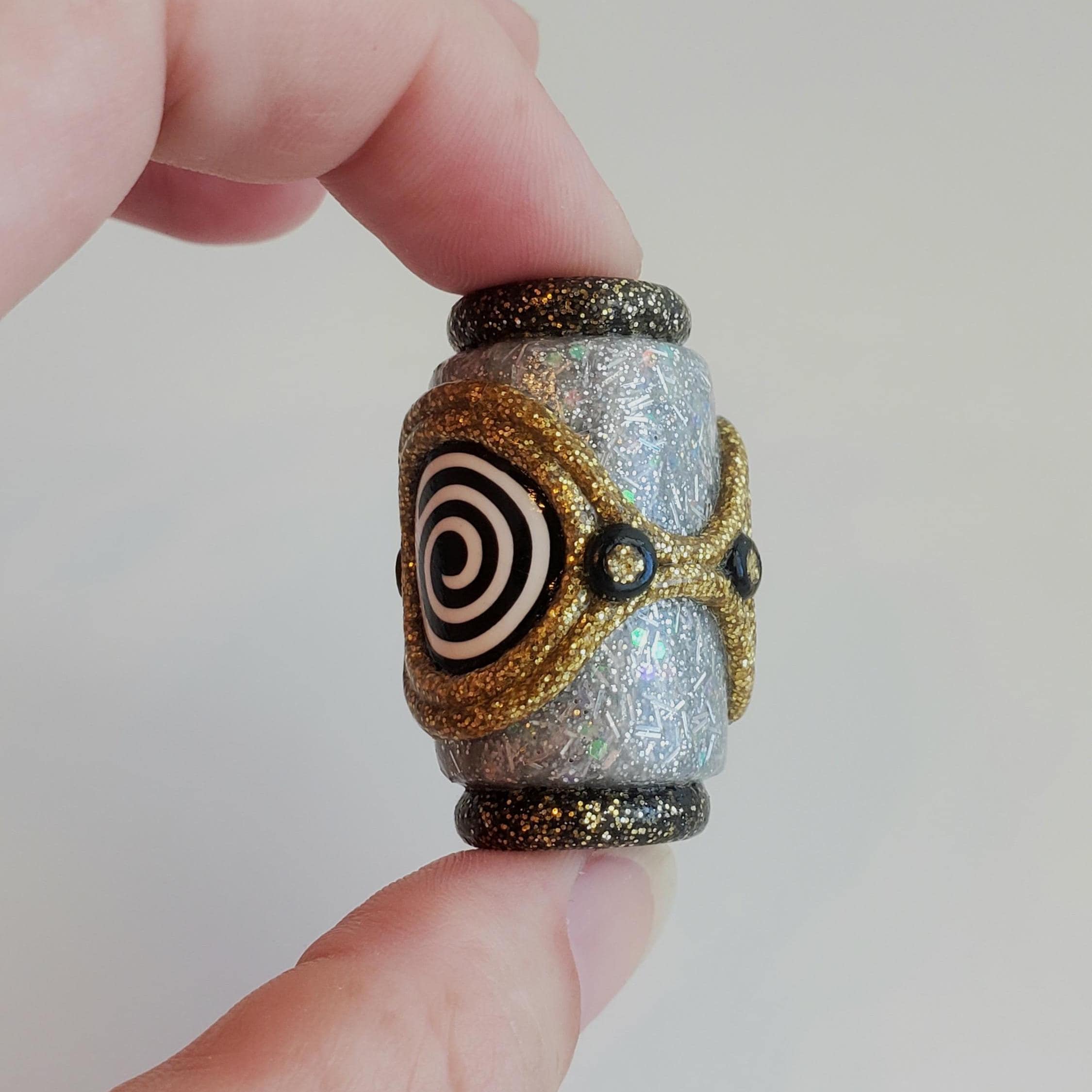 High Intensity Holographic Silver Glitter Polymer Clay Black And White Spiral Millefiori Disk Dreadlock Bead / 9mm Silver Boho Dread Bead