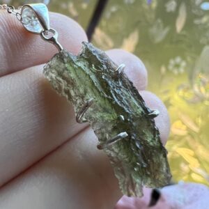 High Quality Raw authentic Moldavite set in Sterling Silver Necklace prongs / Genuine Moldavite Jewelry / Olešnice locality
