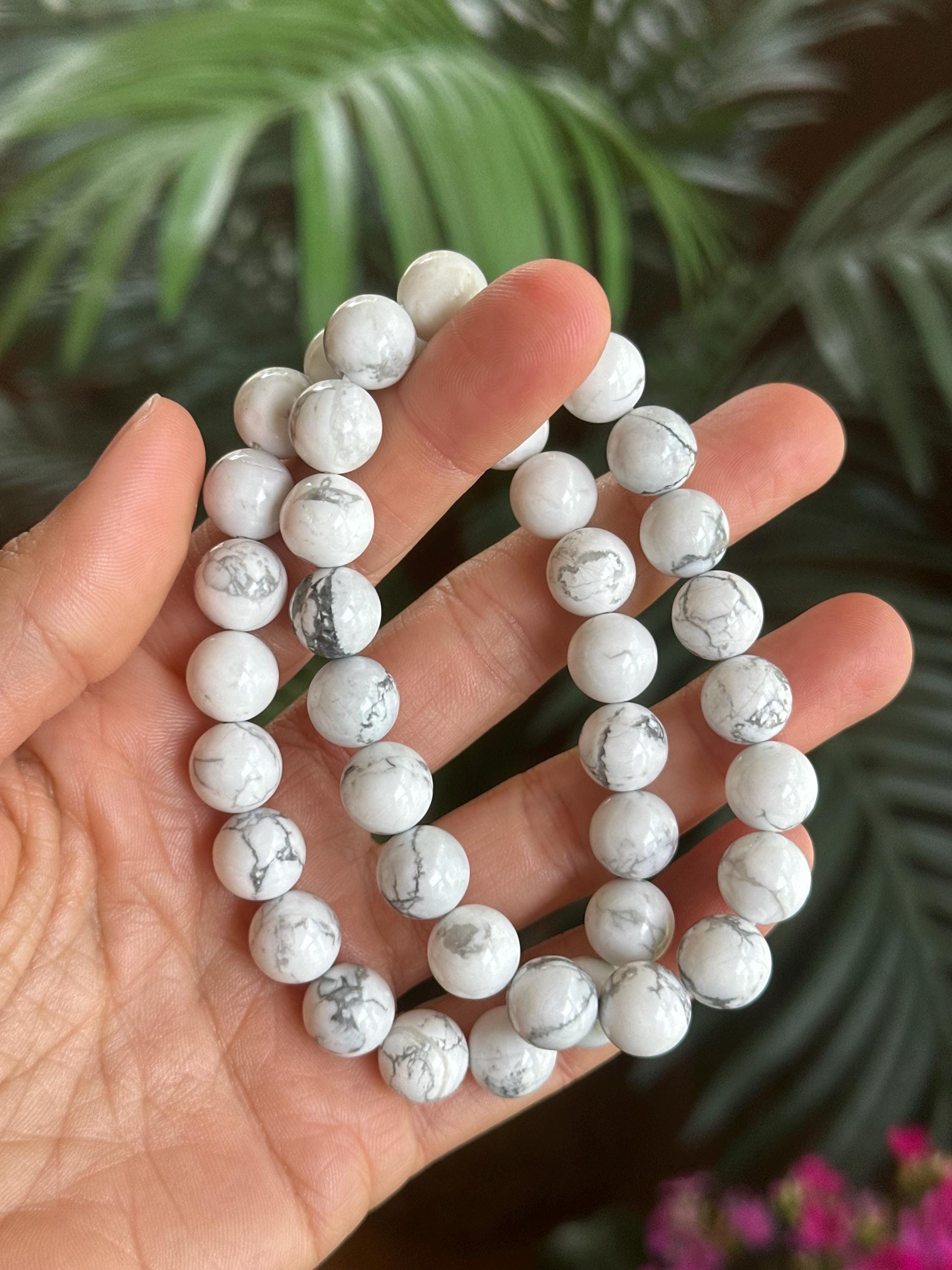 10mm White Howlite Crystal Bracelet: Gemstone Beaded Stretch Boho 10mm White Howlite Crystal Bracelet: Gemstone Beaded Stretch Boho