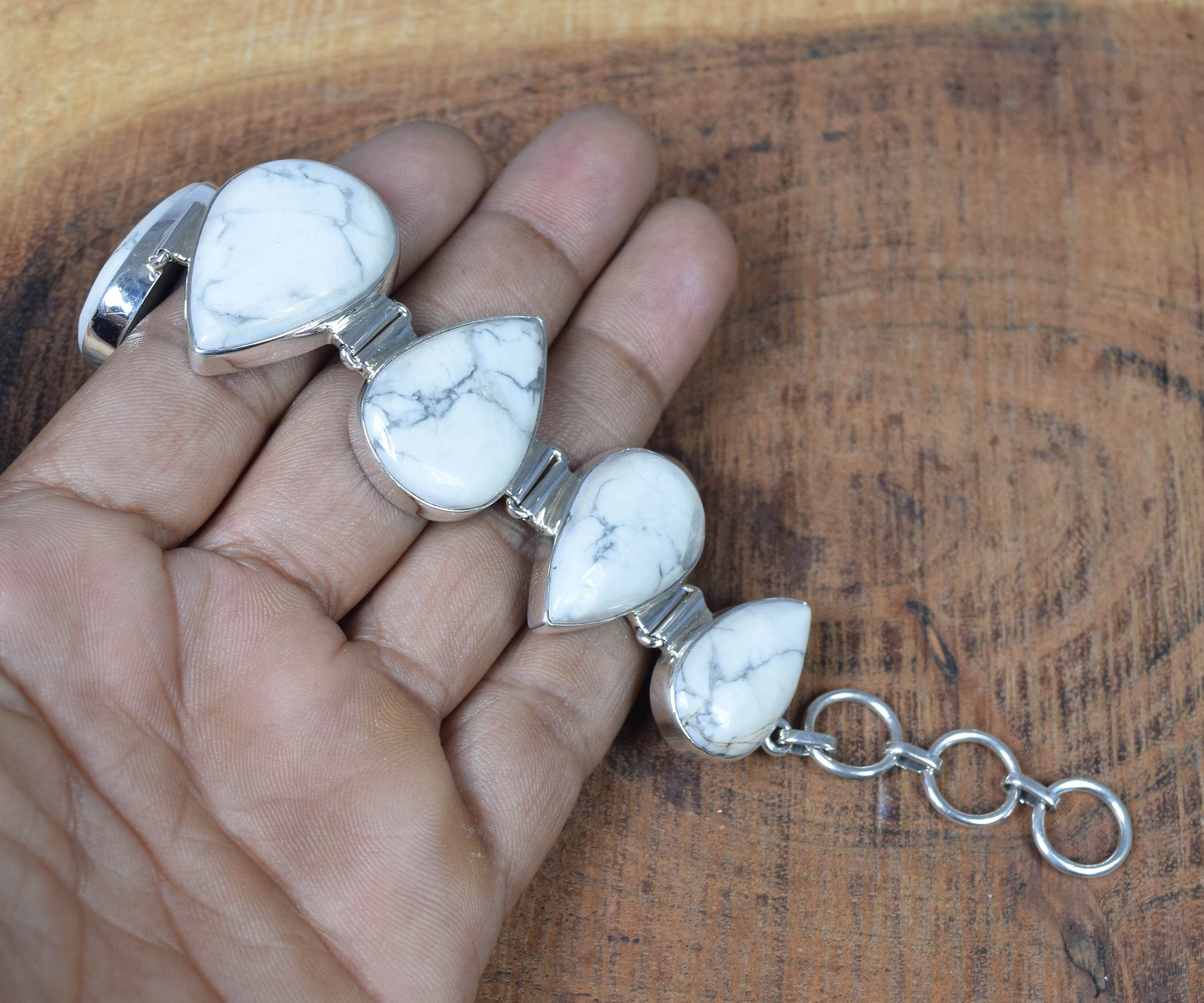 Howlite 925 Sterling Silver Bracelet: Adjustable Pear Stone