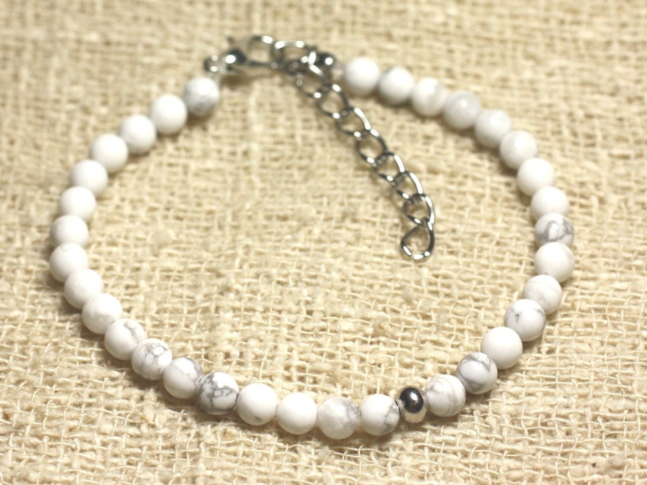 Bracelet Argent 925 Et Pierre Semi Précieuse Howlite 4mm