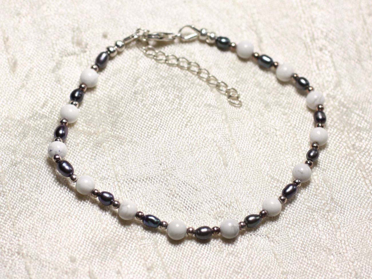 Bracelet Argent 925 Pierre Howlite Et Perles De Culture Noires 3-4mm