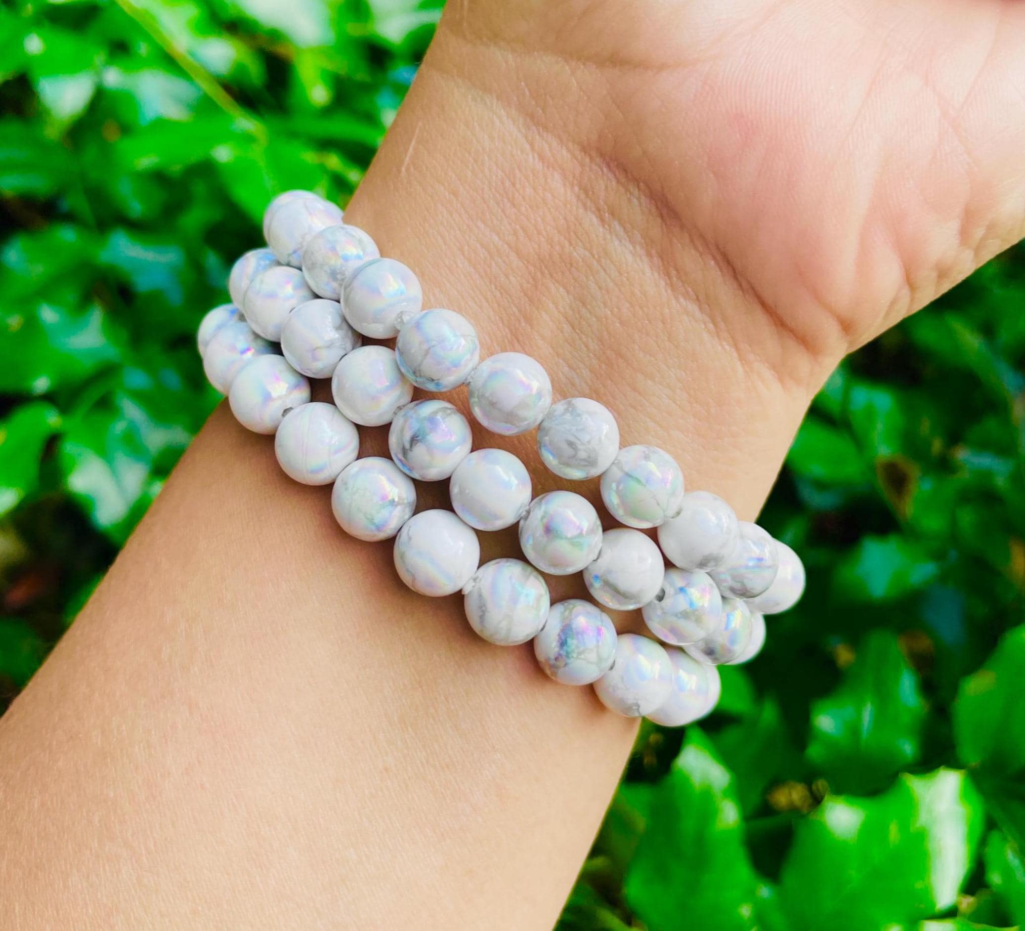 Howlite Aura Quartz Crystal Bracelet: Rainbow Gemstone Beads