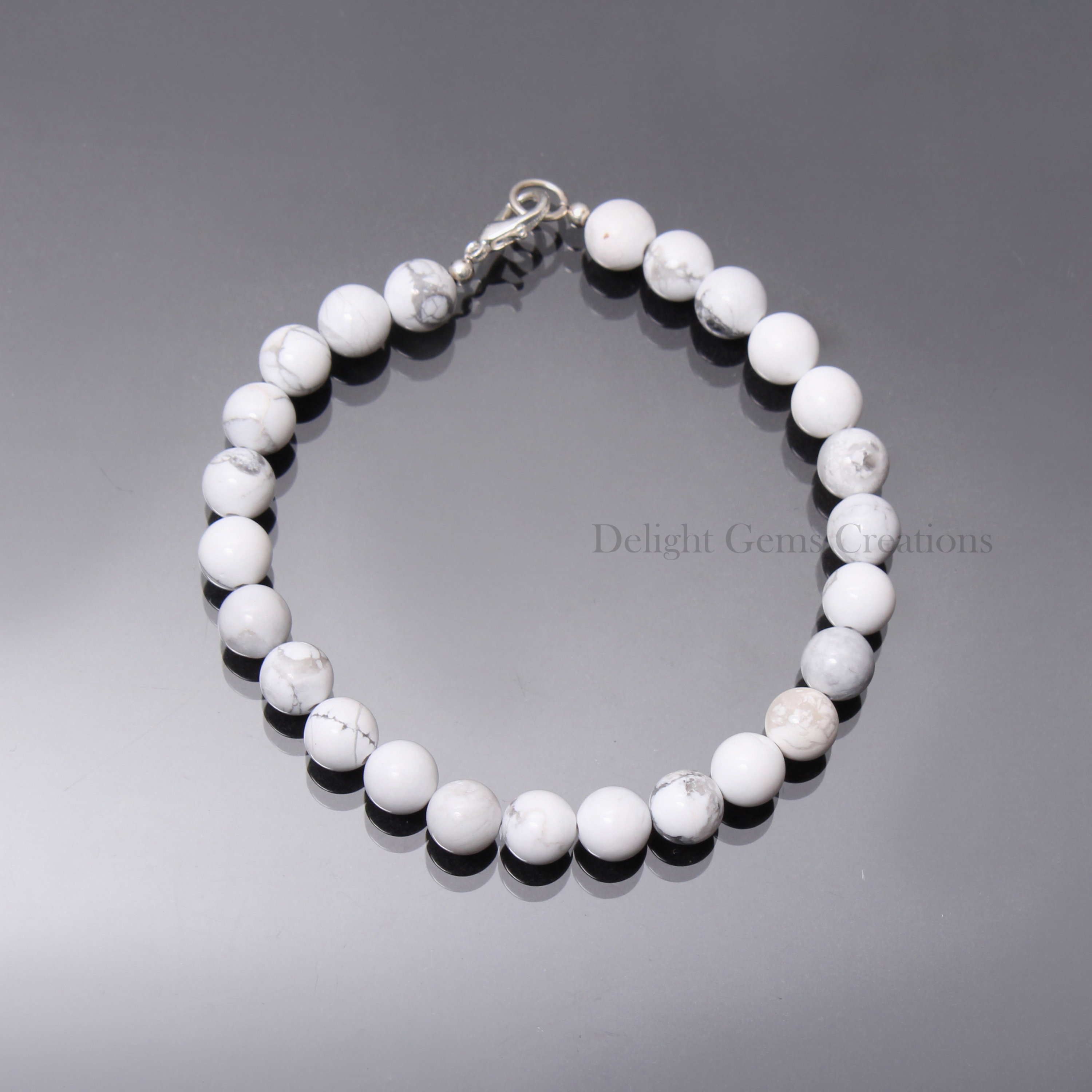 Howlite Beaded Bracelet, 8mm Smooth Round Gemstone Beads, 8 Inch