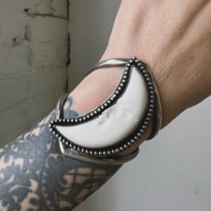 Sterling Silver Howlite Crescent Moon Cuff Bracelet, Boho Statement Jewelry