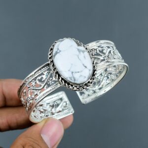 Howlite Cuff Bracelet: Handmade 925 Sterling Silver Adjustable Bangle
