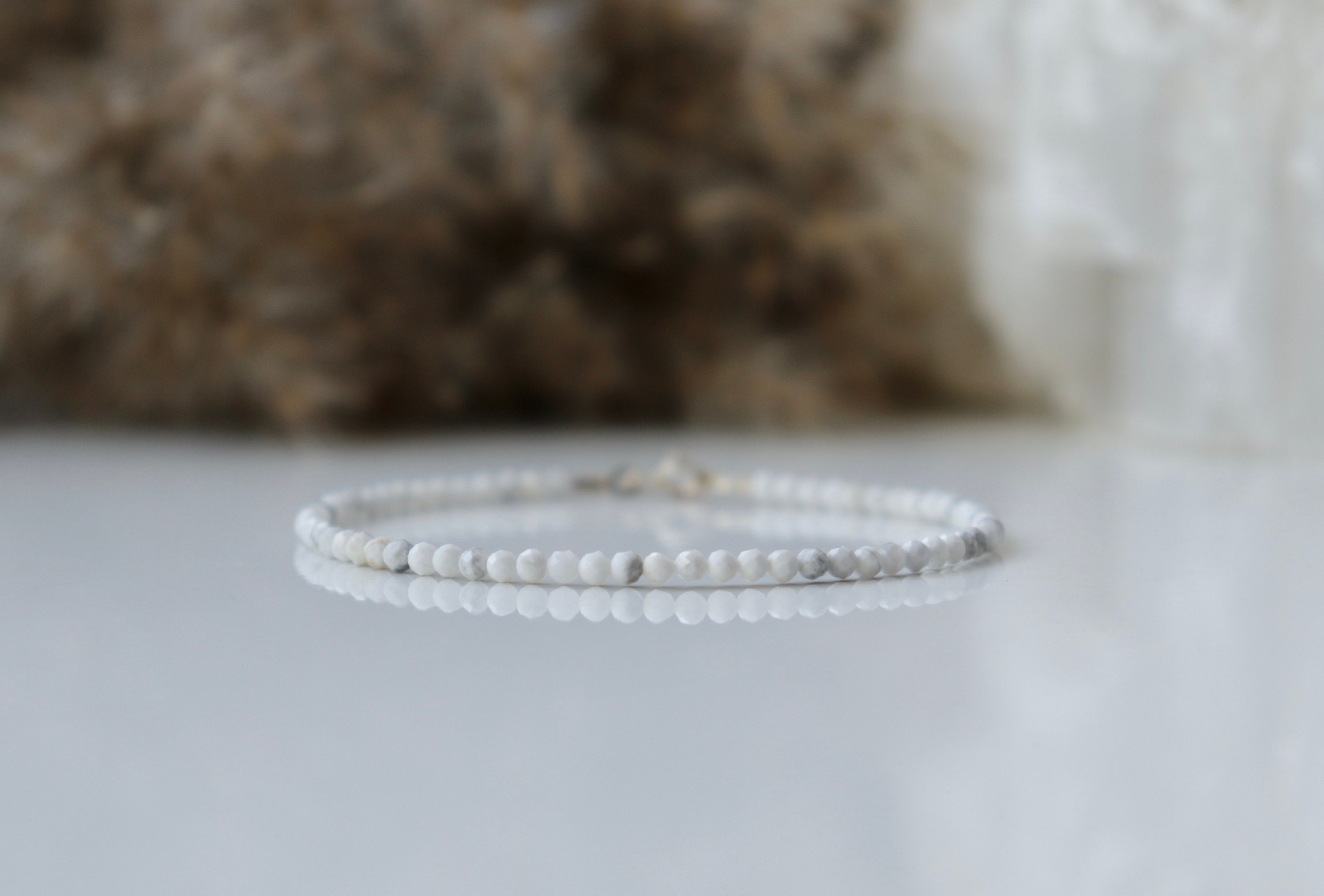 Genuine Howlite Bracelet, Delicate Howlite Jewelry 2mm, Bracelet Femme, White Gemstone Bracelet, Sterling Silver, White Bead Bracelet