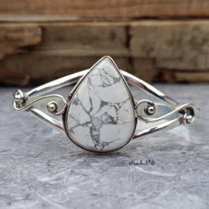 Handmade Howlite 925 Sterling Silver Bangle: Adjustable Cuff Bracelet