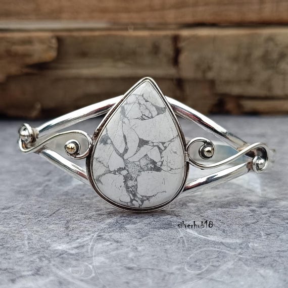 Handmade Howlite 925 Sterling Silver Bangle: Adjustable Cuff Bracelet