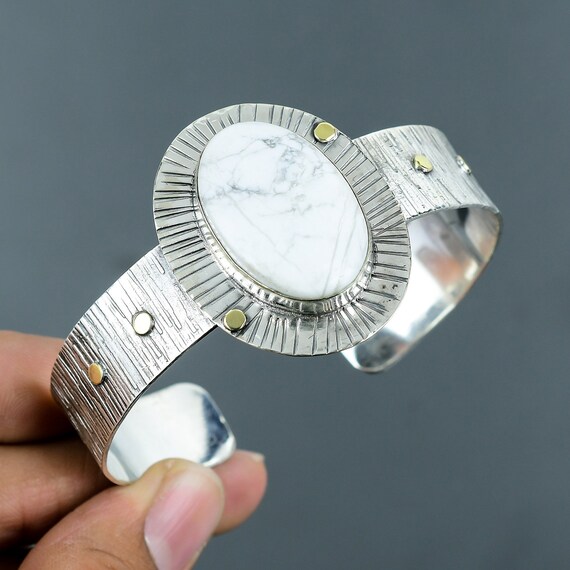 Handmade Howlite Bangle: Adjustable 925 Sterling Silver Cuff Bracelet