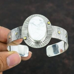 Handmade Howlite Cuff Bracelet: 925 Sterling Silver Adjustable Bangle