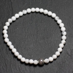 Bracelet Pierre Semi Précieuse Howlite 4mm Et Perle Argentée