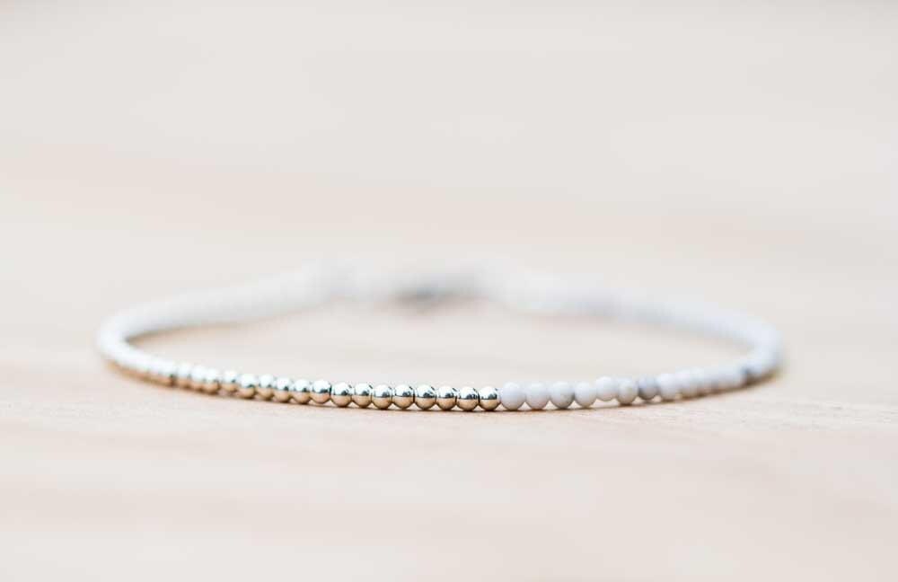 Ultra Delicate White Howlite Bracelet, Sterling Silver Or Rose Gold Filled, White Gemstone Skinny Stacking Bracelet, White Howlite Jewelry Ultra Delicate White Howlite Bracelet, Sterling Silver Or Rose Gold Filled, White Gemstone Skinny Stacking Bracelet, White Howlite Jewelry
