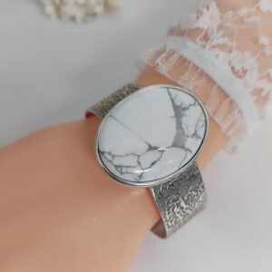 White Howlite Cuff Bracelet: Hammered Silver Bangle, Adjustable Boho Jewelry