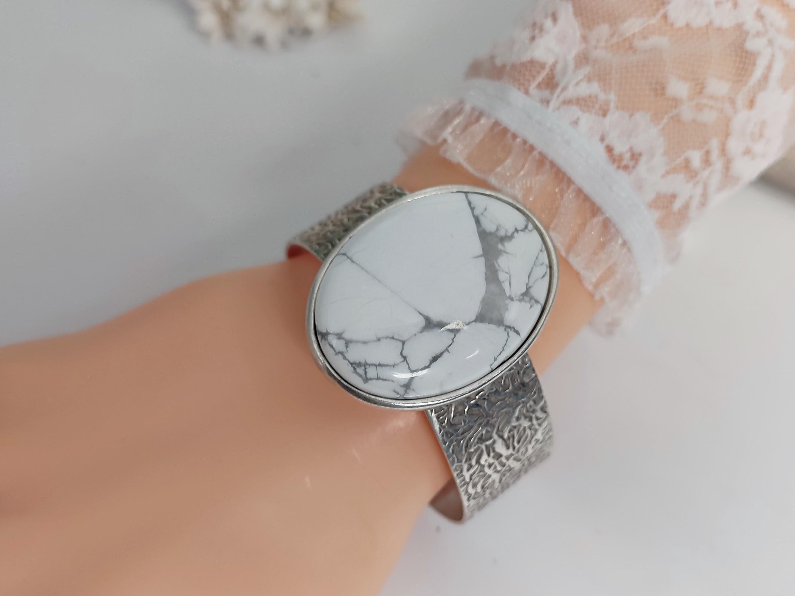 White Howlite Cuff Bracelet: Hammered Silver Bangle, Adjustable Boho Jewelry White Howlite Cuff Bracelet: Hammered Silver Bangle, Adjustable Boho Jewelry