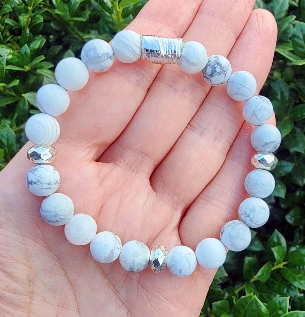 White Howlite Gemstone Bracelet, Simple White Stone Bracelet, 8mm Gemstone, 7 Inch, Stretchy, Handmade, Silver Accent Gemstone Bracelet