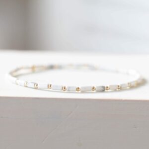 White Howlite Tube Bead Stretch Bracelet: Beaded White Stone With Sterling Silver, Yellow Or Rose Gold Filled