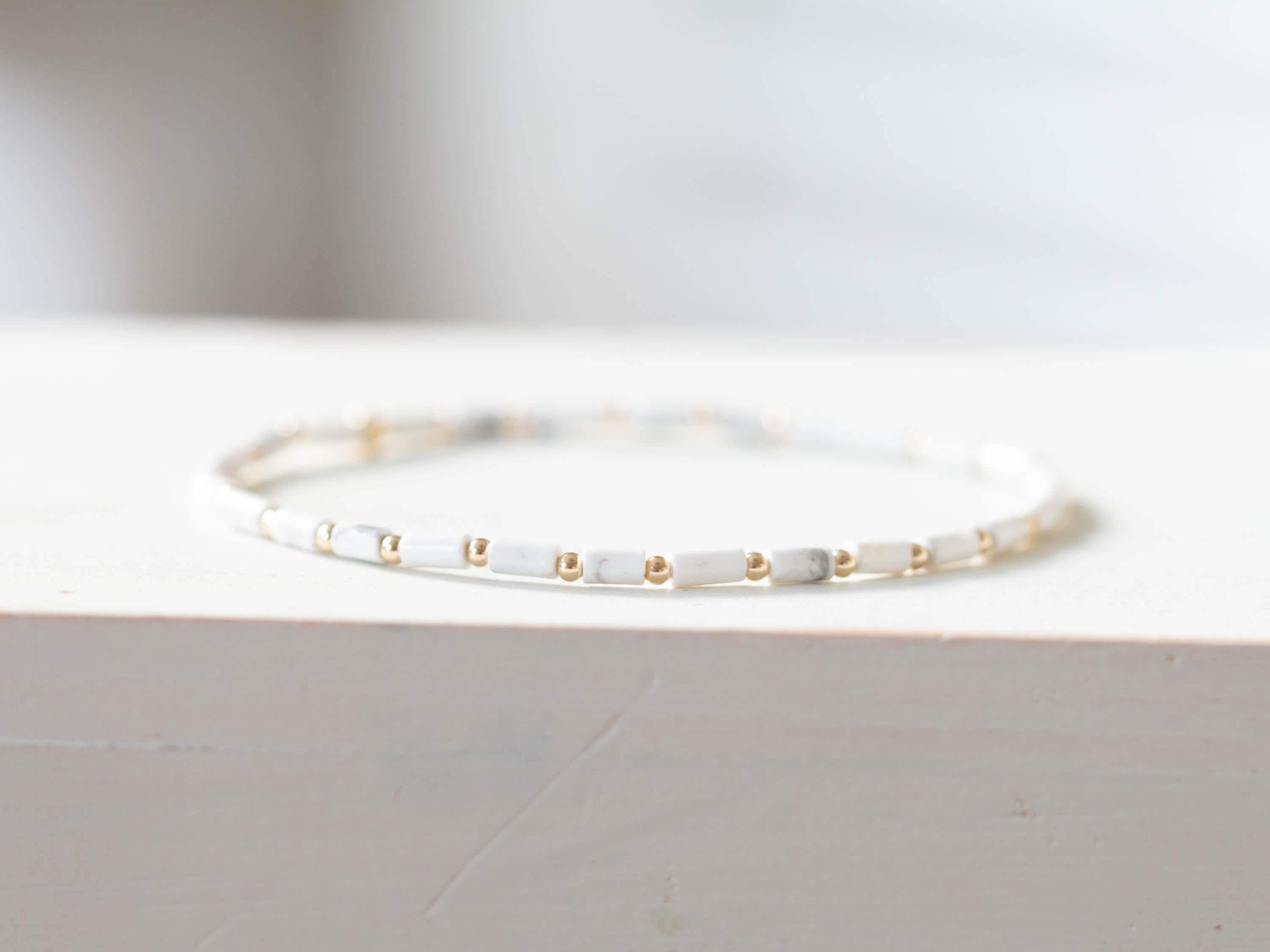 White Howlite Tube Bead Stretch Bracelet: Beaded White Stone With Sterling Silver, Yellow Or Rose Gold Filled
